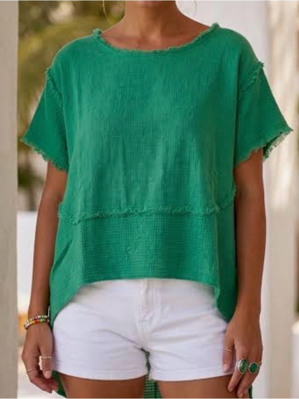 Umgee Green Textured High-Low Short Sleeve Top